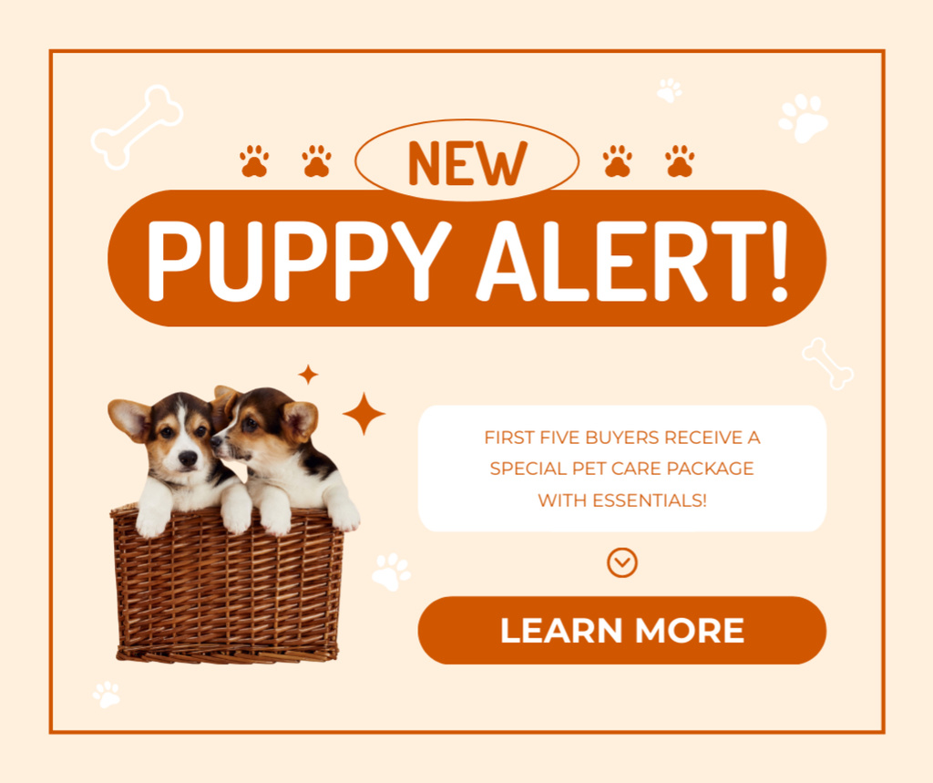 Designvorlage New Puppies Alert on Orange für Facebook