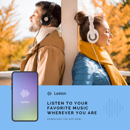Happy Couple in Headphones Listening Music Instagram Modelo de Design