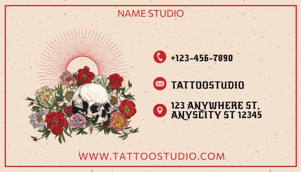 Ontwerpsjabloon van Business Card US van Offer by Tattoo Studio with Flowers and Skull