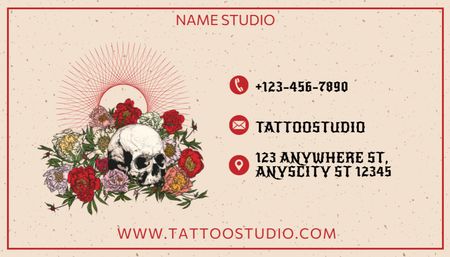 Offer by Tattoo Studio with Flowers and Skull Business Card US Design Template