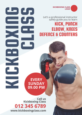 Plantilla de diseño de Anuncio de entrenamiento de kickboxing con hombre con guantes de boxeo Flayer 