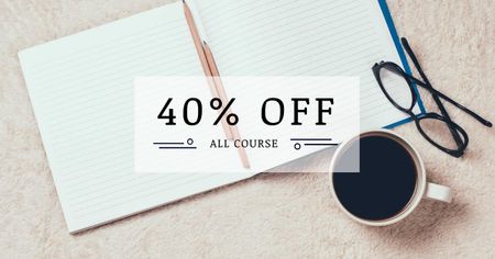 Course Discount Offer with Notebook and Coffee Facebook ADデザインテンプレート
