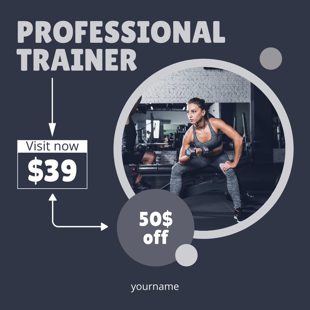 Fitness Center Ad with Female Personal Trainer Instagram Design Template