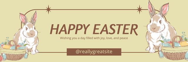 Easter Greeting with Cute Rabbits and Eggs in Basket Twitter Design Template