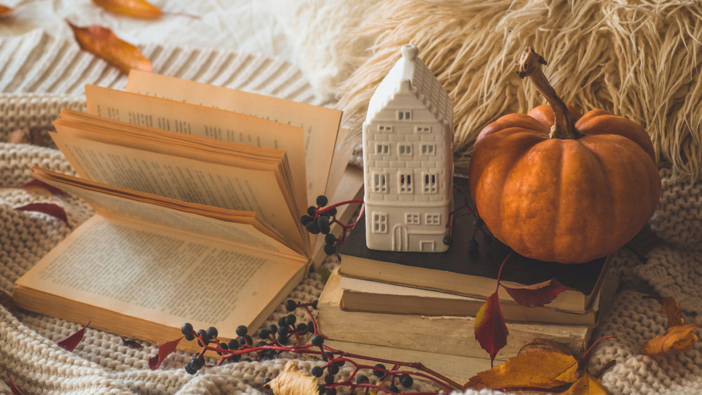 Plantilla de diseño de Autumn Coziness with Book and Warm Plaid Zoom Background 