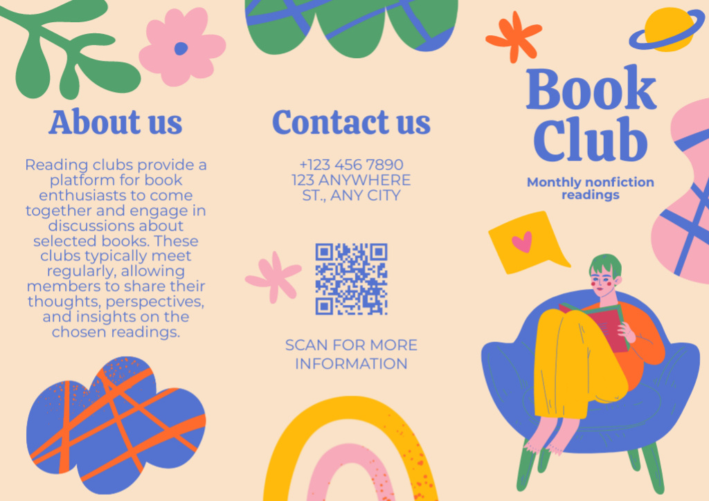 Book Club Ad with Reader in Armchair Brochure Modelo de Design