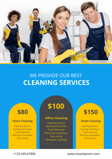 Cleaning Services Ad with Positive Smiling Team Flyer A5 Modelo de Design