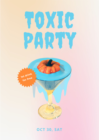 Halloween Party Announcement with Pumpkin in Cocktail Poster Design Template