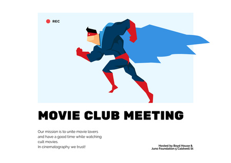 Ontwerpsjabloon van Poster A2 Horizontal van Aankondiging van de bijeenkomst van de filmclub met superheld