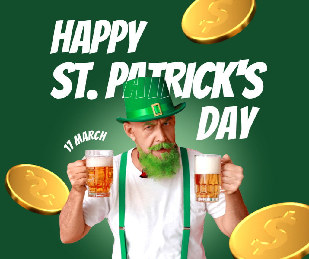 Happy St. Patrick's Day Greeting with Bearded Man and Golden Coins Facebook Design Template