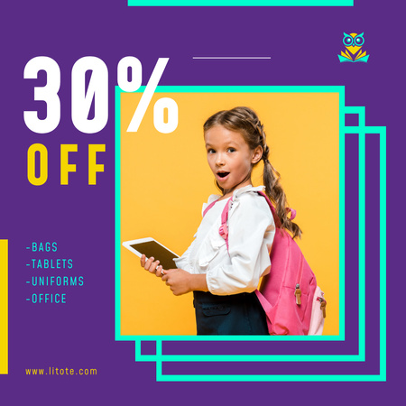 продажа школьных принадлежностей девушка с планшетом и рюкзаком Instagram AD – шаблон для дизайна