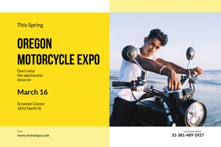 Designvorlage Motorradausstellungsanzeige mit gutaussehendem Mann auf dem Motorrad für Poster 24x36in Horizontal