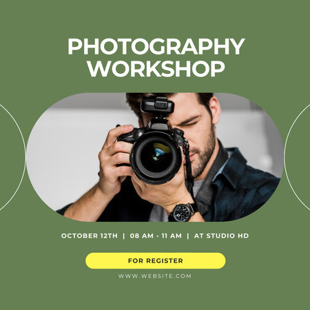 Designvorlage Foto-Workshop-Ankündigung mit Mann mit Kamera für Instagram