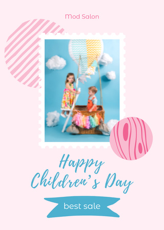 Children's Day Greeting With Kids In Balloon Postcard A6 Vertical Design Template