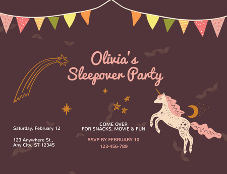Platilla de diseño Announcement of Sleepover Party with Unicorn Invitation 13.9x10.7cm Horizontal