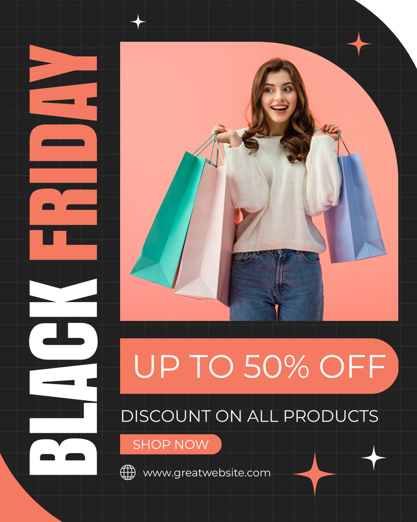 Black Friday Discounts Announcement with Shopping Bags Instagram Post Verticalデザインテンプレート