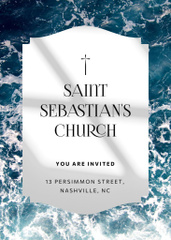 Church Invitation with Christian Cross and Blue Waves