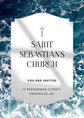 Church Invitation with Christian Cross and Blue Waves Flayer Design Template