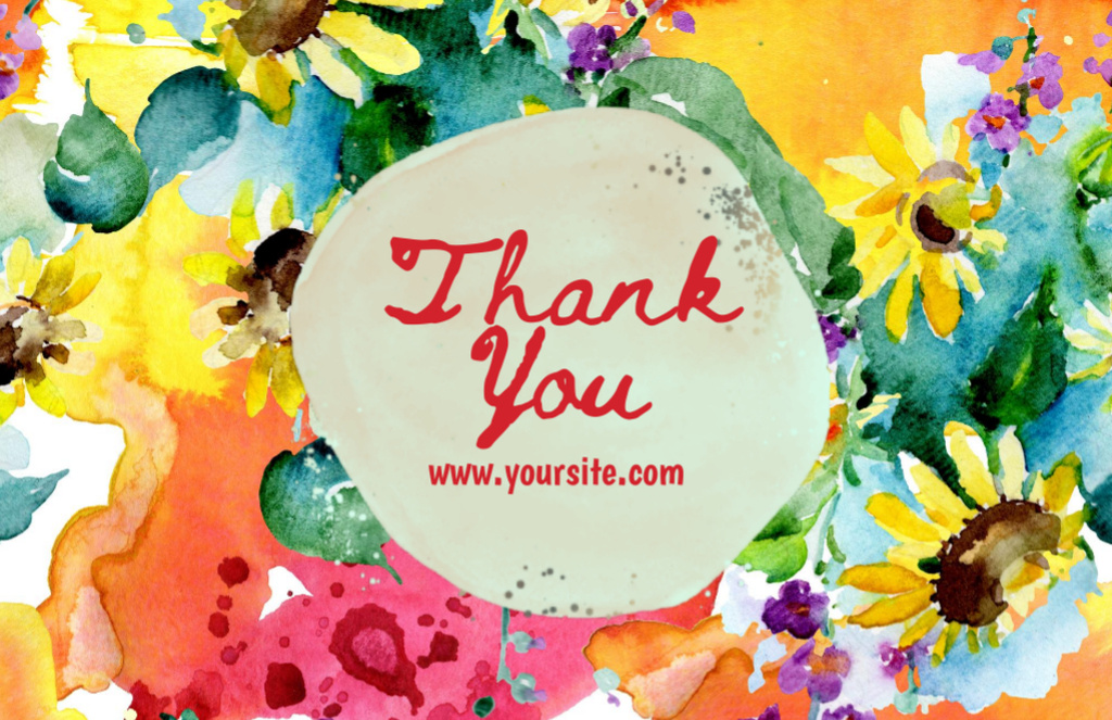Modèle de visuel Thank You Message with Bright Watercolor Flowers and Handwritten Text - Thank You Card 5.5x8.5in