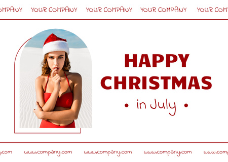 Plantilla de diseño de Young Woman in Red Swimsuit and Santa Claus Hat on Beach Card 