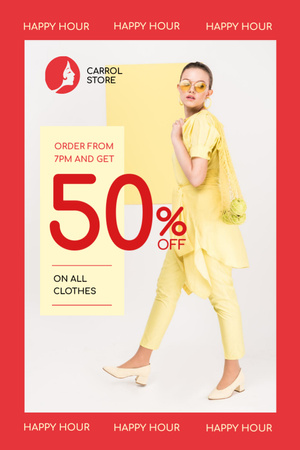 Designvorlage Exquisite Clothes Shop Sale Offer with Woman in Yellow Outfit für Flyer 4x6in