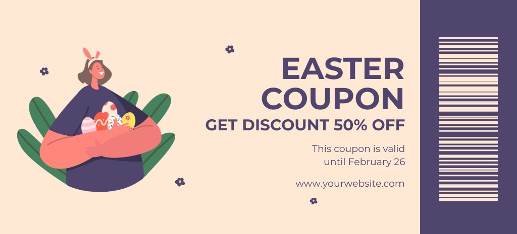 Easter Discount Offer with Smiling Woman Holding Colored Eggs Coupon 3.75x8.25in Tasarım Şablonu