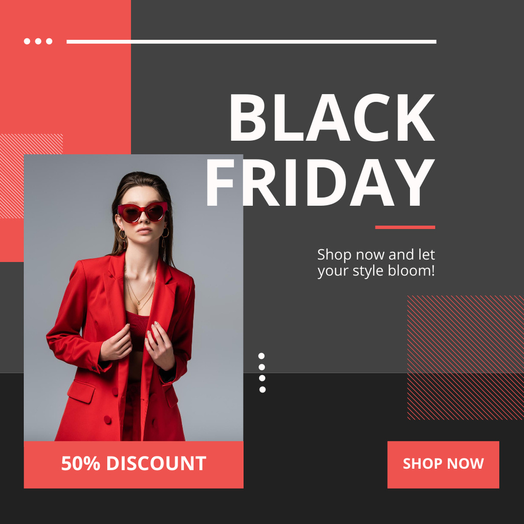 Black Friday Sale Announcement with Woman in Red Clothing Instagram tervezősablon