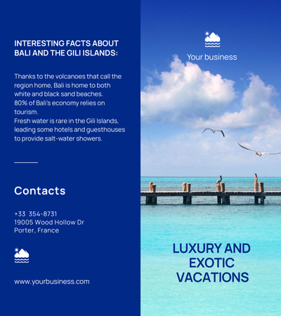 Exotic Vacations and Tours Offer with Crystal Blue Water Brochure 9x8in Bi-fold Design Template