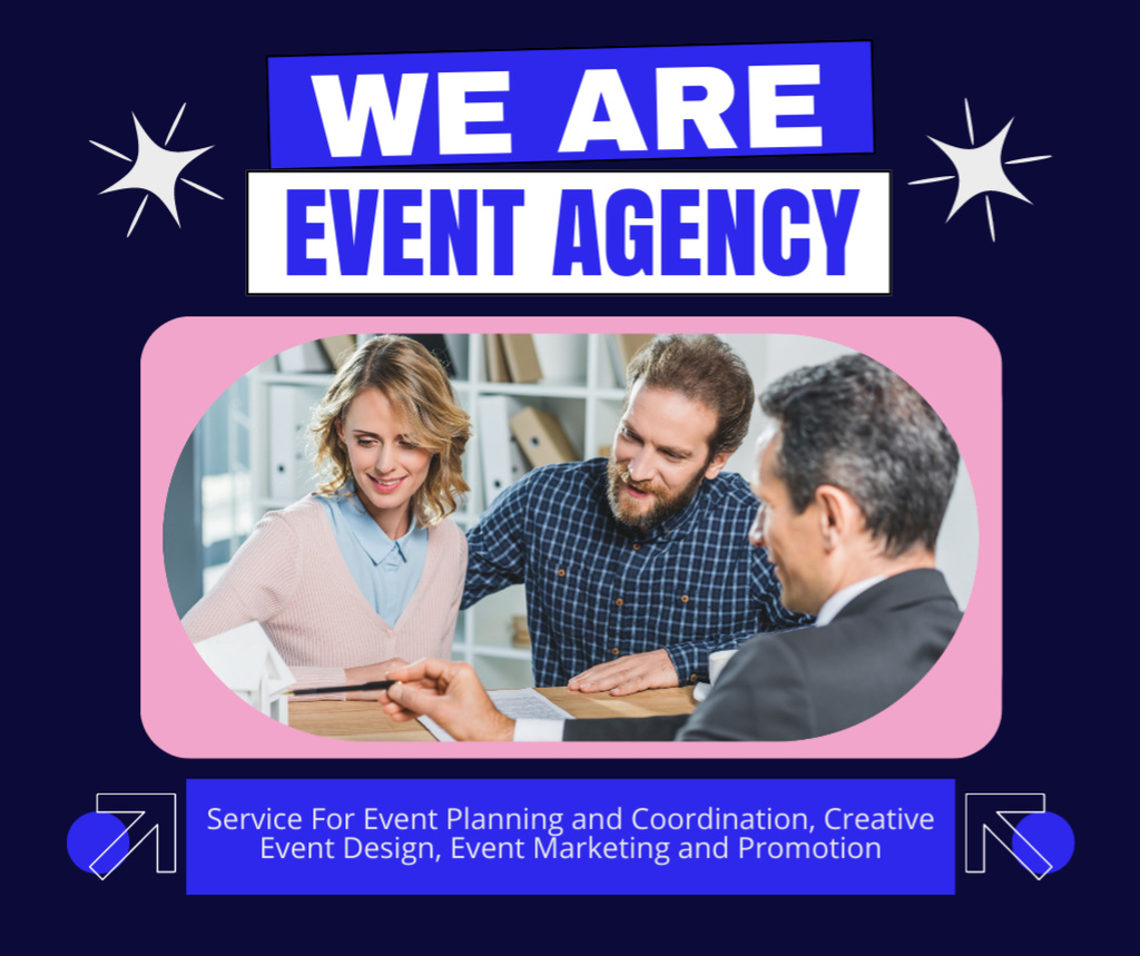Services of Creative Event Agency for Coordination and Creation of Events Facebook Design Template