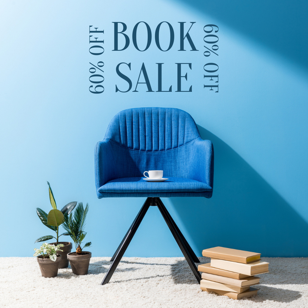 Book Sale Announcement with Blue Cozy Armchair Instagram Tasarım Şablonu