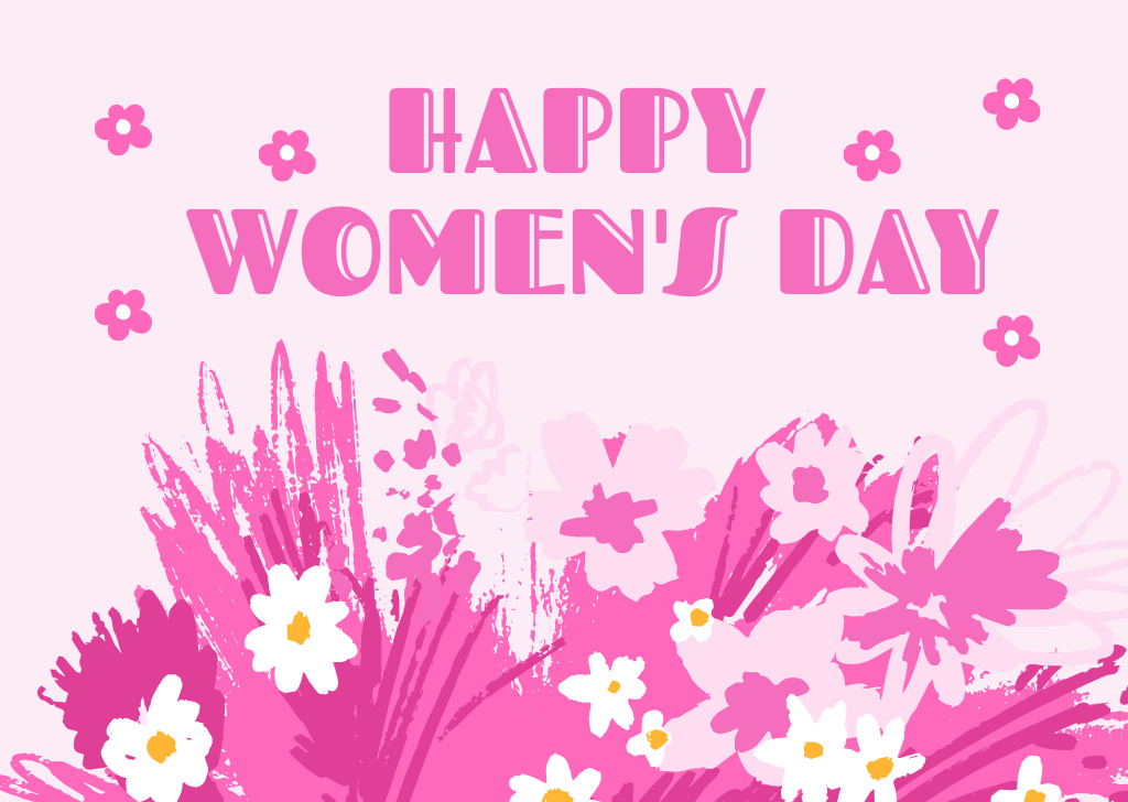 Women's Day Greeting with Pink Flowers Illustration Card Tasarım Şablonu