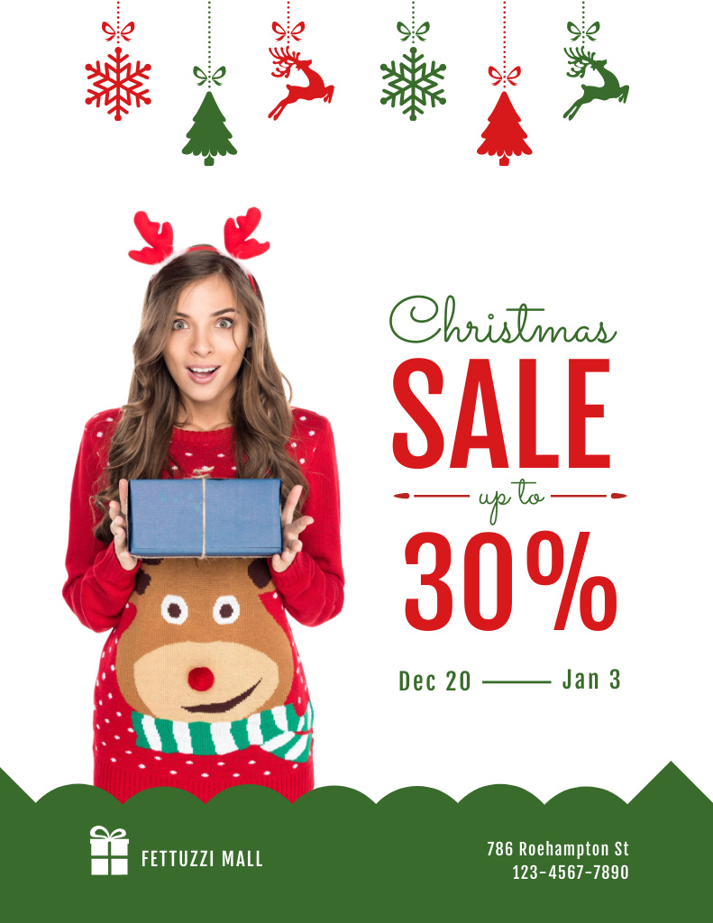 Designvorlage Lovely Christmas Sale Promotion with Woman Holding Present für Poster 8.5x11in