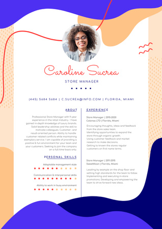Platilla de diseño Store Manager Skills and Experience on Blue Resume