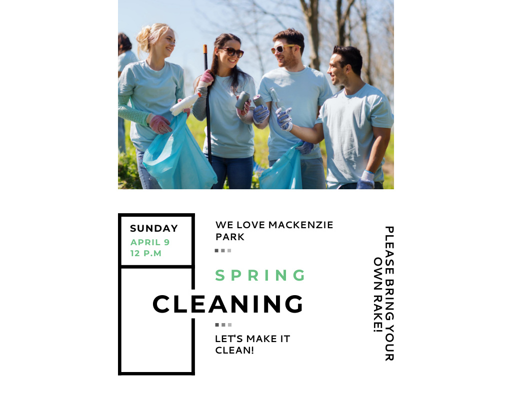 Spring Cleaning Ecological Event Announcement with Cheerful Volunteers Flyer 8.5x11in Horizontal Design Template
