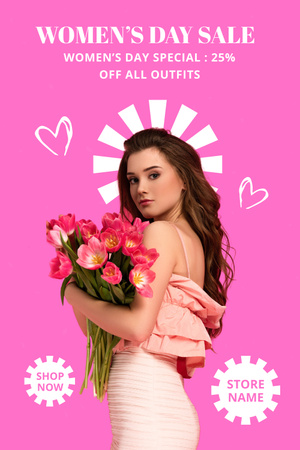 Platilla de diseño Women's Day Sale Announcement with Woman with Pink Roses Pinterest