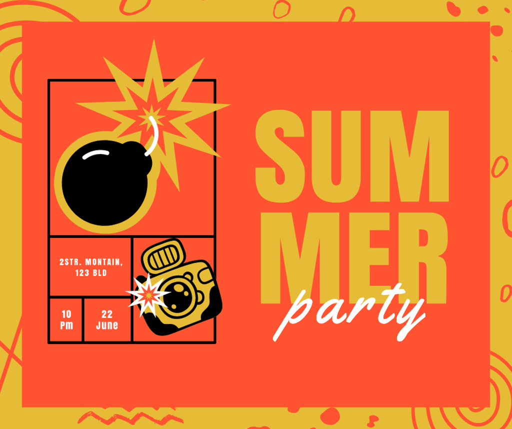 Summer Party Announcement with Bomb and Camera Facebook Πρότυπο σχεδίασης