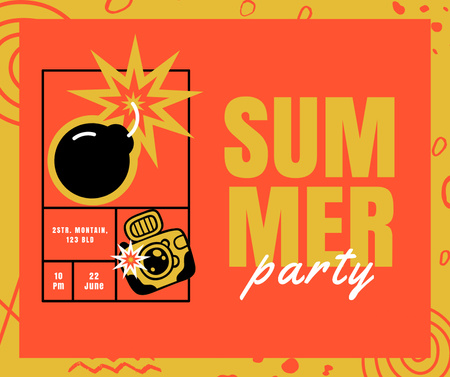 Summer Party Announcement with Bomb and Camera Facebook Modelo de Design