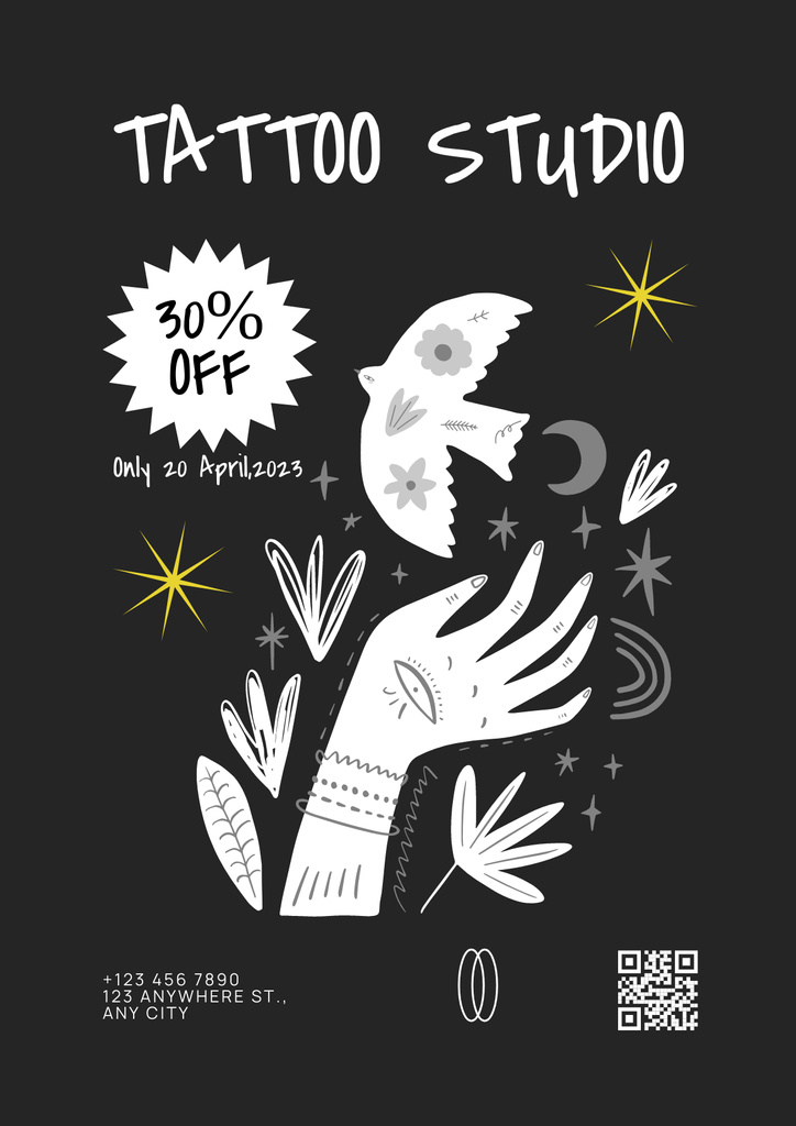 Tattoo Studio With Cute Illustration And Discount Poster Design Template