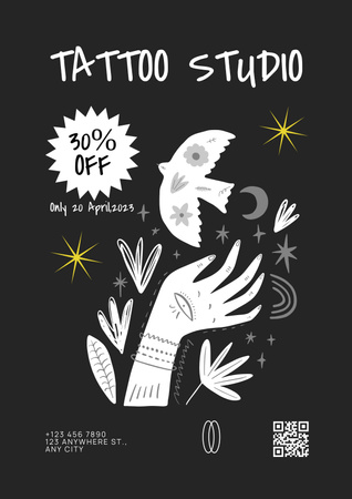 Designvorlage Tattoo-Studio mit netter Illustration und Rabatt für Poster