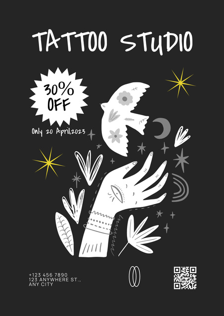 Tattoo Studio With Cute Illustration And Discount Posterデザインテンプレート