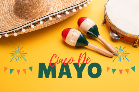 Cinco de Mayo Greeting with Festival Attributes on Yellow Postcard 4x6in Design Template