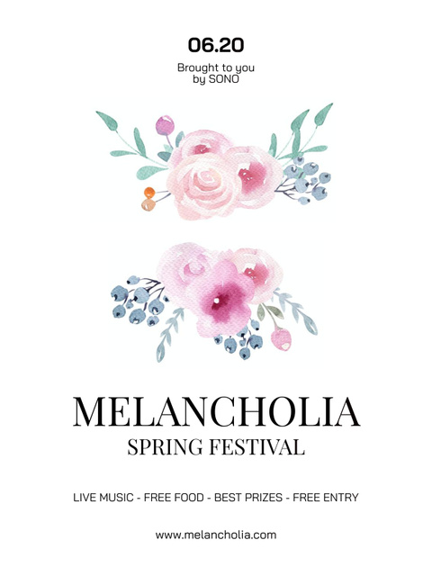Spring Festival Ad with Watercolor Flowers Poster US Design Template