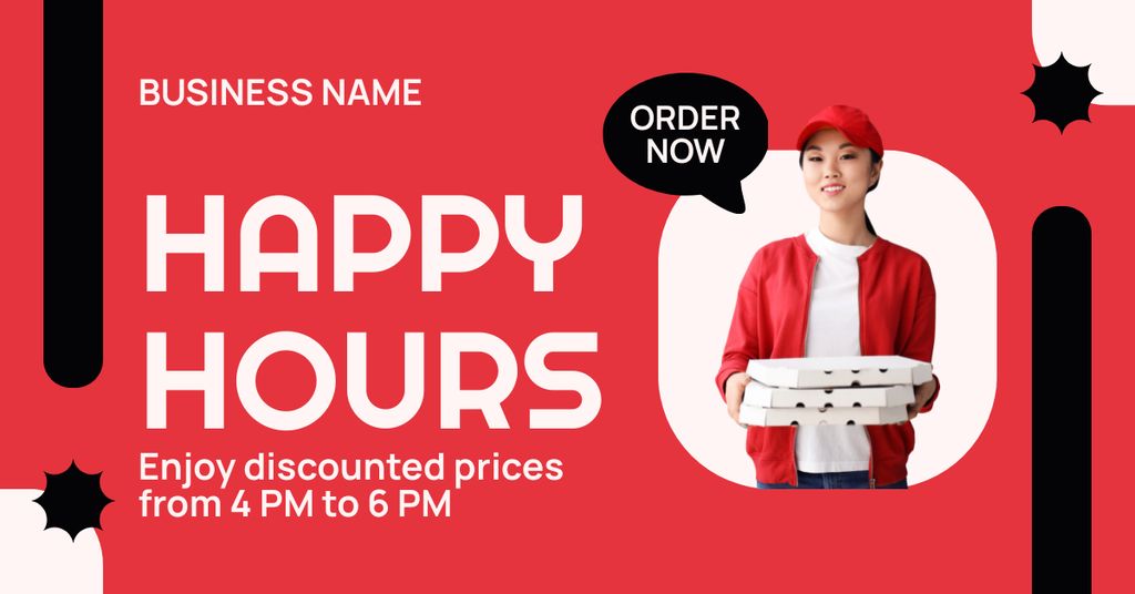 Announcement of Happy Hours in Restaurant with Courier Holding Pizza Facebook AD Modelo de Design