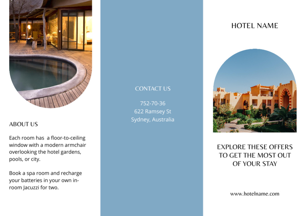 Luxury Hotel Ad on White and Blue Brochure Šablona návrhu