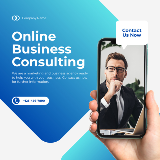 Services of Business Consulting with Consultant on Phone Screen LinkedIn postデザインテンプレート