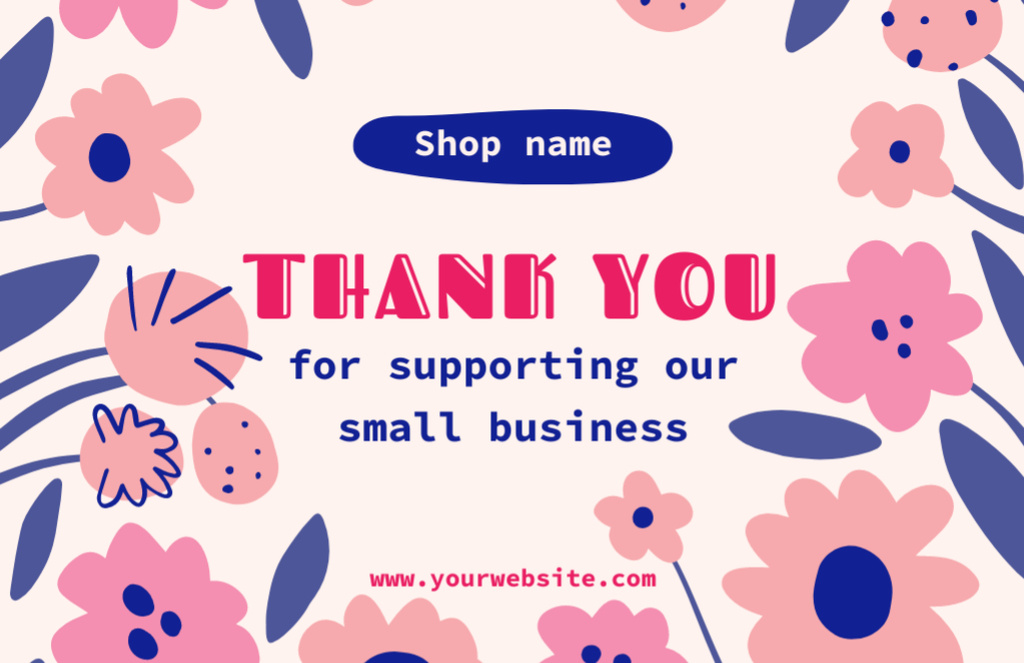 Thank You Notification with Cartoon Pink Doodle Flowers Thank You Card 5.5x8.5in – шаблон для дизайна