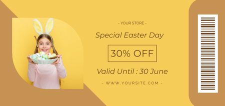 Easter Special Offer with Cute Kid in Rabbit Ears with Plate Full of Colored Eggs Coupon Din Large Design Template