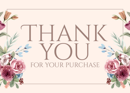 Thank You For Your Purchase Message with Beautiful Pink Roses Postcard 5x7in Design Template