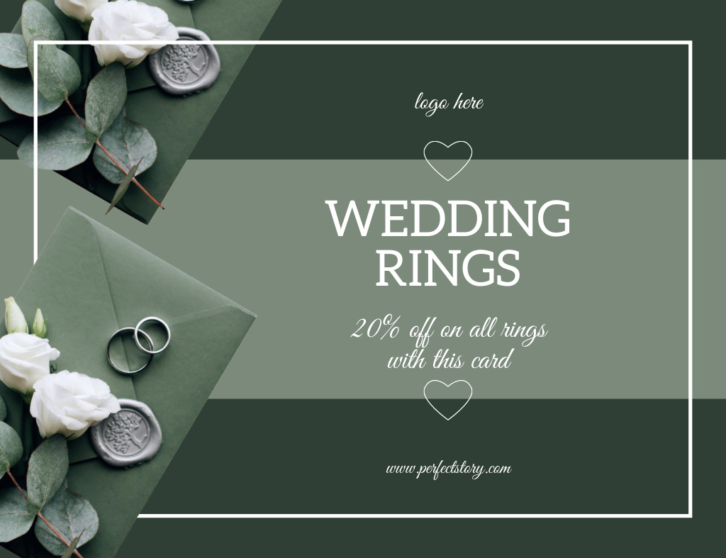 Designvorlage Wedding Rings Sale Announcement on Green für Thank You Card 5.5x4in Horizontal