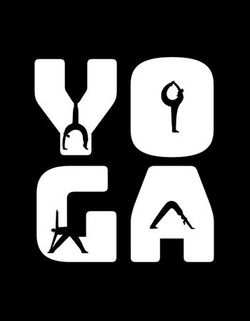Designvorlage Yoga-Schriftzug mit Frauen in Asana-Positionen für T-Shirt
